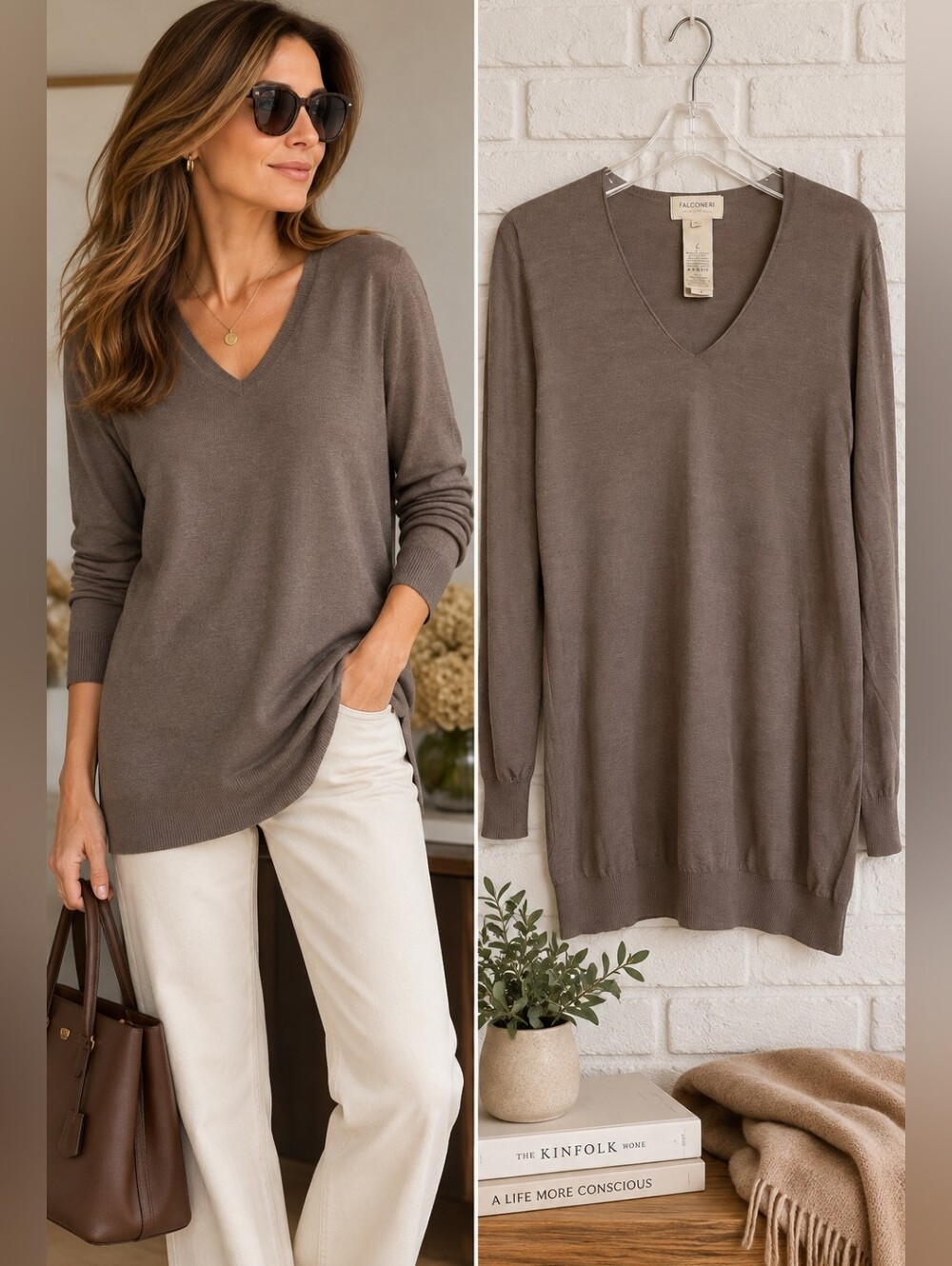 Falconeri 100% Extra Fine Merino Wool Longline V-Neck Sweater Taupe L
